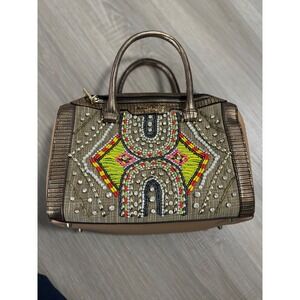 Nicole Lee Beaded Crystal Satchel Bag Metallic Bronze Tan Geometric Boho Handbag